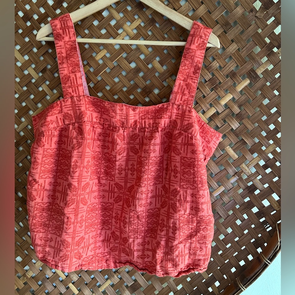 Anthropologie coral red square neck sleeveless button down back embroidered XL